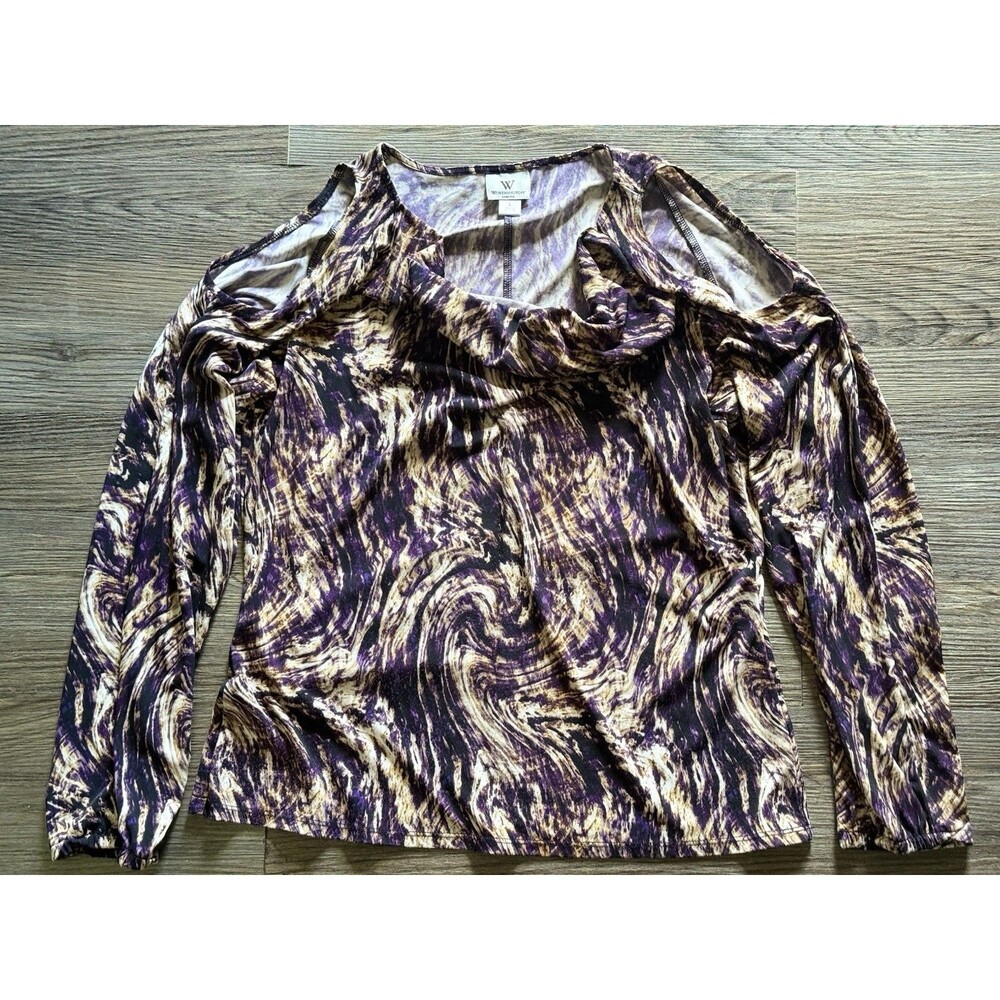 Worthington Womens Blouse Top Print Cold ShoulderStretch long sleeve Size Large